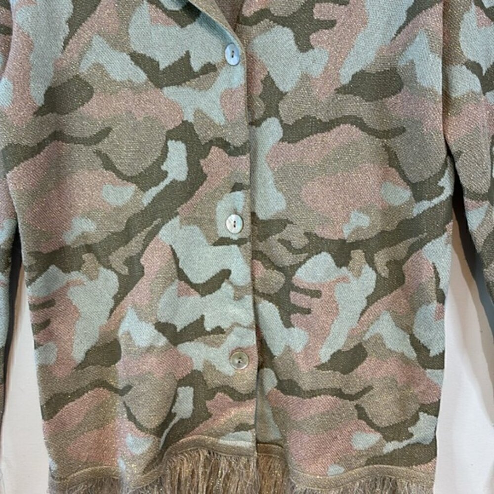Gabby Isabella Camo Print Metallic Fringed Cardigan Size Small - Picture 3 of 11